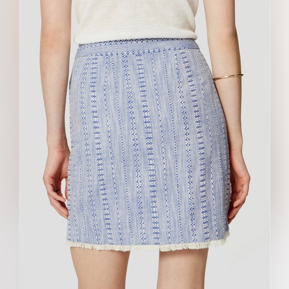 LOFT Blue and White Cotton Striped Tweed Wrap Skirt fringe hem Size 14 - Picture 3 of 11